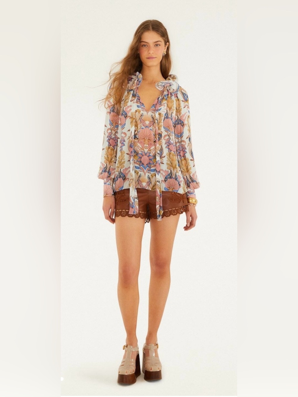 FARM Rio NWT Off-White Sea Garden Ruffled Long Sleeve Blouse